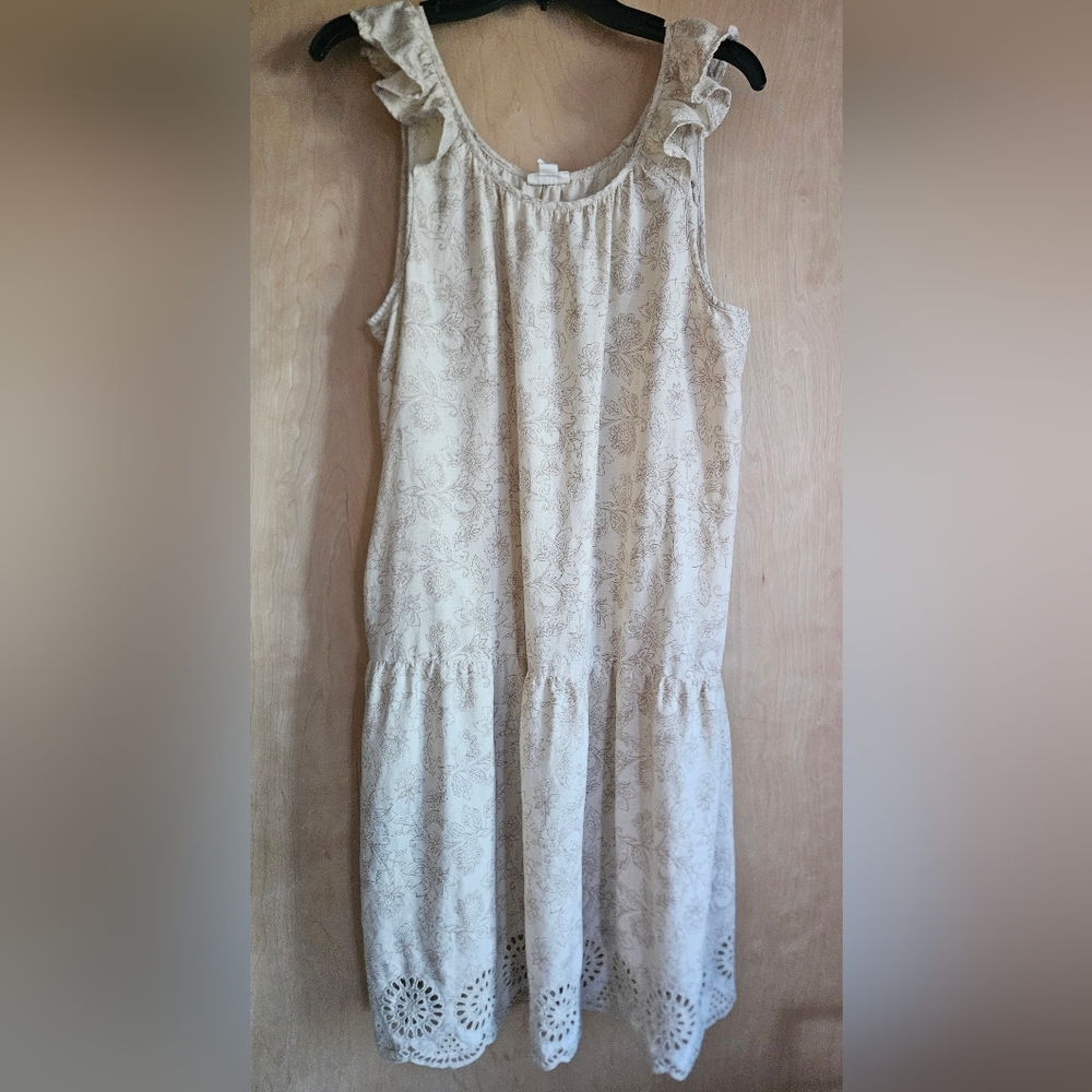 Cream Sleeveless Ruffle Dress With Eyelet Detail Brown Floral Print XL Pockets